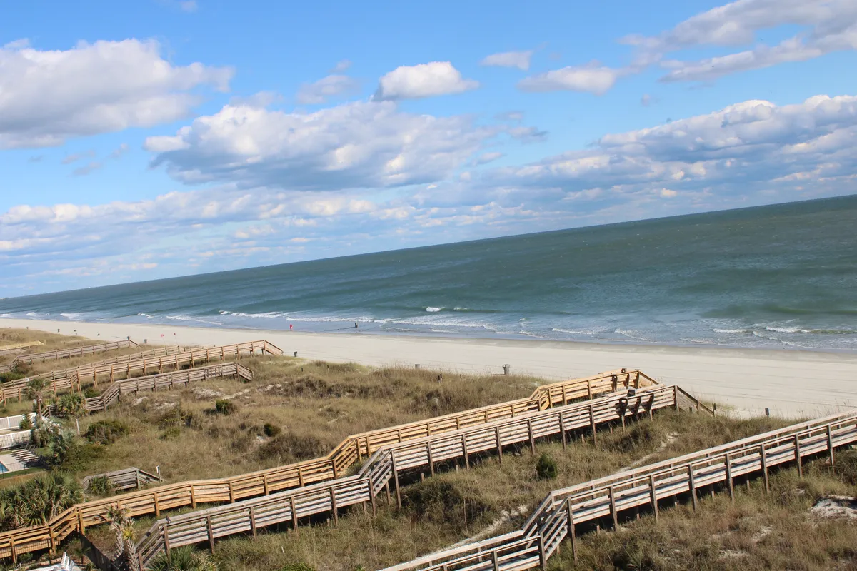 A sweeping exterior view of wooden boardwalks leading directly onto North Myrtle Beach, with gentle ocean waves and a cloudy sky in the background. The inviting scene suggests easy access to beach activities such as walking, sunbathing, surfing, or picnicking.